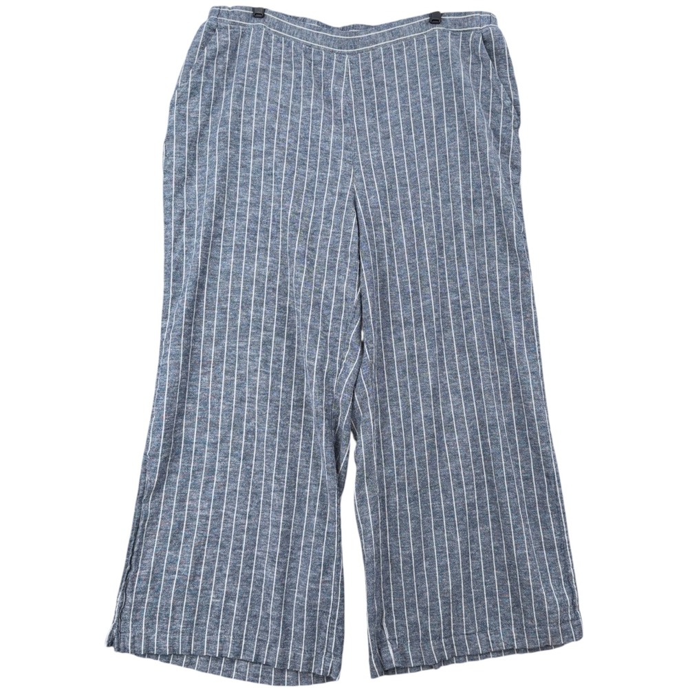 Spense Woman Plus Size 2X Blue White‎ Striped Linen Blend Wide Leg Pants Slits